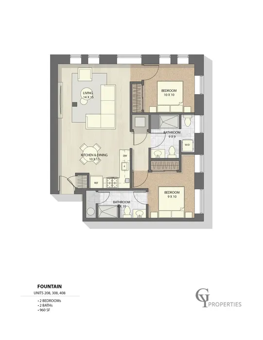 Fountain floor plan highlighting 2 bedrooms, 2 bathrooms, and an open kitchen-living area, 960 sq ft.