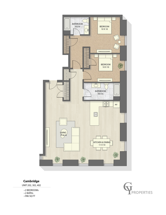 Cambridge floor plan highlighting 2 bedrooms, 2 bathrooms, and an open kitchen-living space.