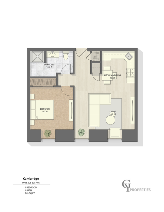Cambridge unit floor plan with 1 bedroom, 1 bathroom, a kitchen and dining area, and a living room, 549 sq ft.