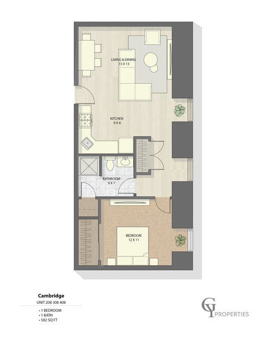 Cambridge floor plan offering 1 bedroom, 1 bathroom, kitchen, and combined living and dining area.
