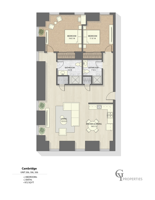 Detailed Cambridge floor plan with 2 bedrooms and an open living and kitchen area, 972 sq ft.