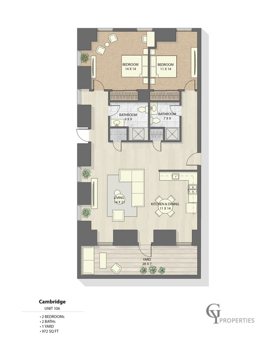 Cambridge Unit 106 floor plan featuring 2 bedrooms, 2 bathrooms, open living area, kitchen, and a spacious yard.