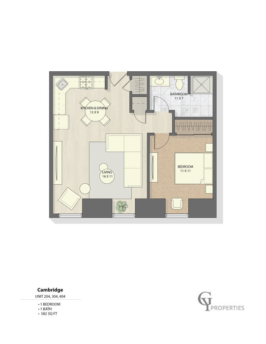Cambridge unit floor plan featuring 1 bedroom, 1 bathroom, a living room, and a kitchen with dining area.