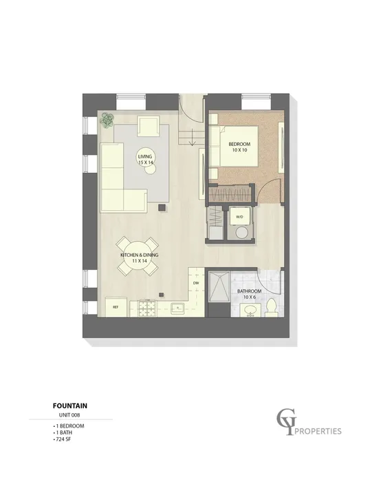 Floor plan of Fountain Unit 008 with 1 bedroom, open kitchen and dining area, living room, and bathroom, covering 724 sq ft.
