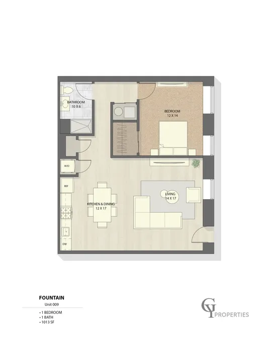 Fountain Unit 009 floor plan with 1 bedroom, spacious living room, and kitchen area.
