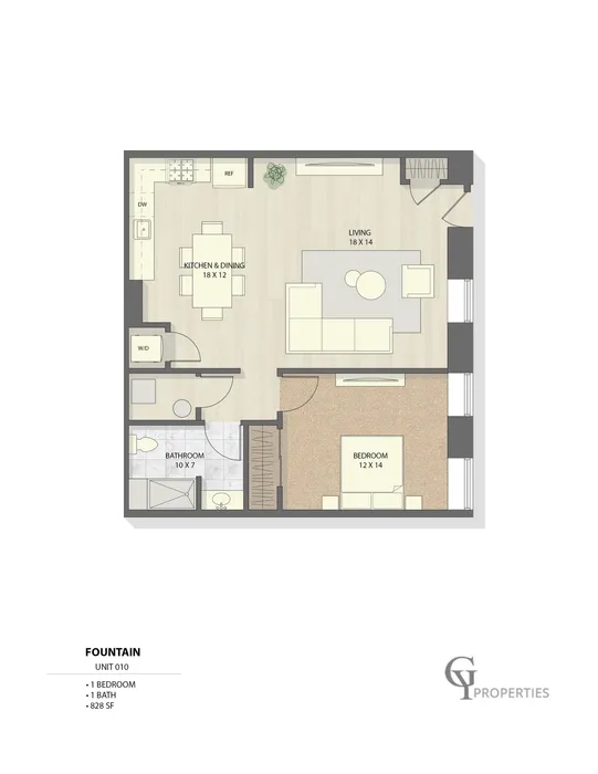 Floor plan of Fountain Unit 010 with 1 bedroom, 1 bathroom, spacious living room, and kitchen dining area, measuring 828 sq ft.