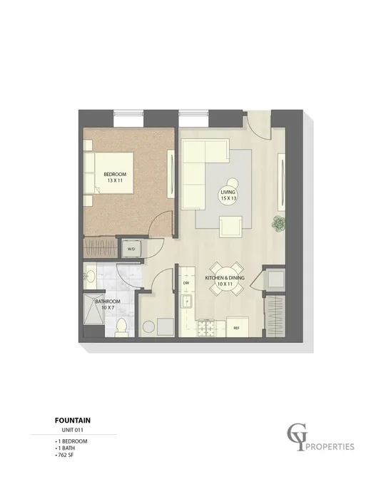 Detailed floor plan of Fountain Unit 011 featuring 1 bedroom, a bathroom, open kitchen and dining area, and living space.