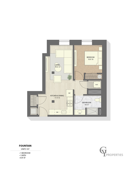 Contemporary 2D floor plan of a 1-bedroom apartment featuring a spacious living room and kitchen-dining area.