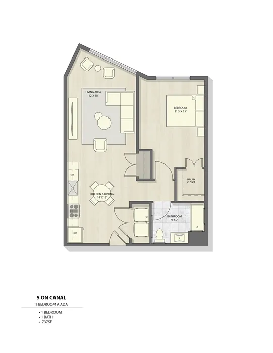 Detailed 2D floor plan showcasing a 1-bedroom, 1-bathroom apartment with open kitchen and dining area.