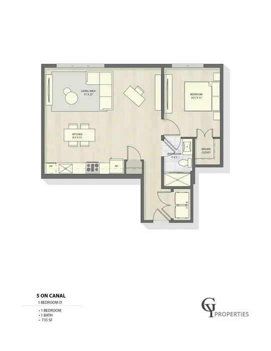 Sleek floor plan illustrating a one-bedroom apartment with an open living area, modern kitchen, and bathroom.