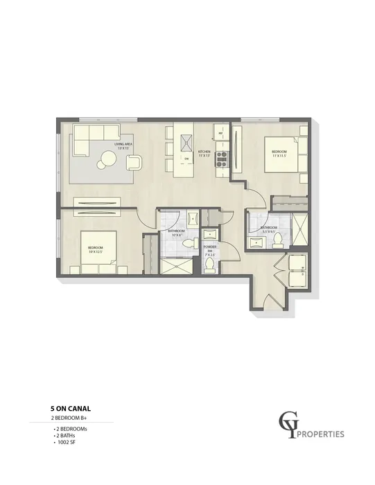 Elegant 2D floor plan showcasing 2 bedrooms and 2 bathrooms with a spacious living area and modern kitchen.