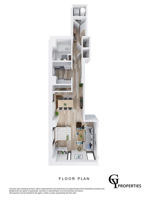 Modern 3D floor plan showcasing an open-concept apartment with a bedroom, living area, and a stylish kitchen.