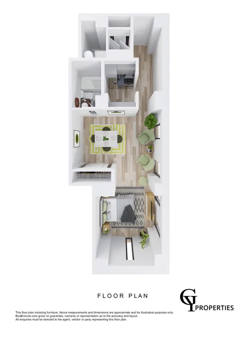 3D floor plan of a cozy apartment with a bedroom, a vibrant dining area, and a modern kitchen.