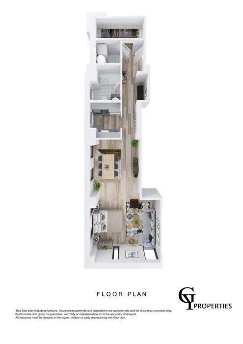 3D apartment floor plan showcasing a single bedroom, spacious living area, open kitchen, bathroom, and walk-in closet.