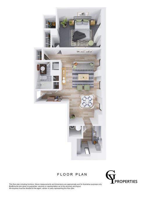 Chic 2D floor plan showcasing a single bedroom apartment with an open living area, modern kitchen, and sleek bathroom.