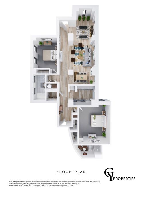 3D floor plan displaying two bedrooms, open living and dining area, modern kitchen, and two bathrooms.