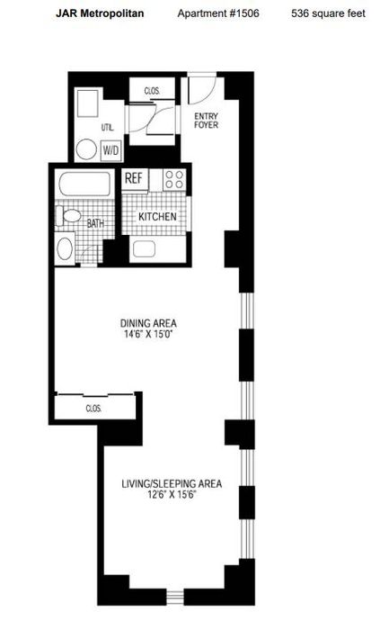 Stylish floor plan of a JAR Metropolitan studio apartment featuring a spacious living/sleeping area, kitchen, and dining space.