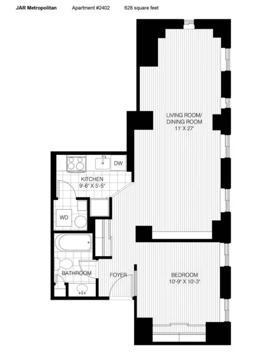 Chic floor plan featuring a bedroom, living room/dining area, and modern kitchen with 628 sq ft layout.