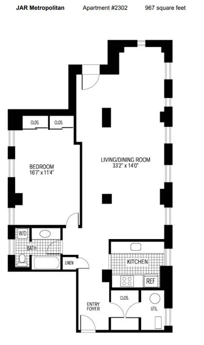 Detailed floor plan of JAR Metropolitan, showcasing a spacious 1-bedroom layout with a large living/dining room and modern kitchen, covering 967 square feet.