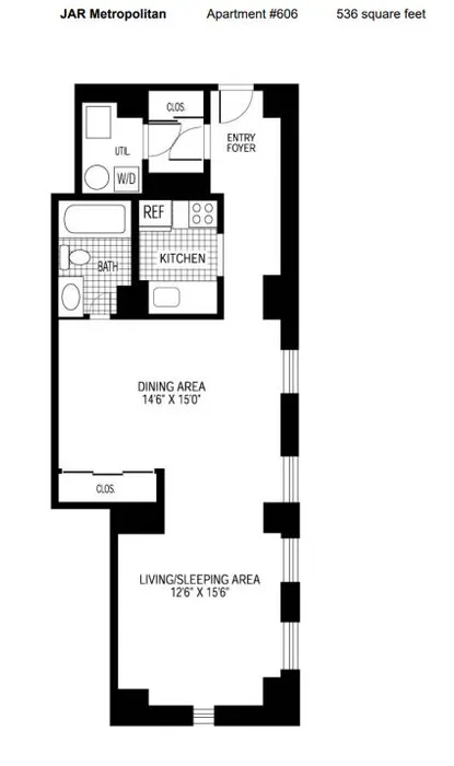 Floor plan of JAR Metropolitan Apartment #606, showcasing open living and dining areas with a compact kitchen.