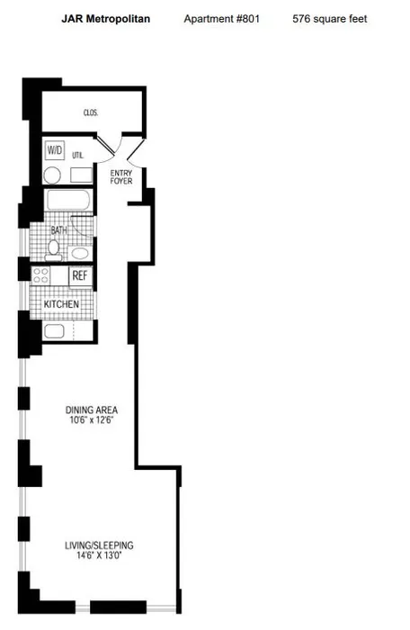 Efficient floor plan of JAR Metropolitan Apartment 801, featuring an open living/sleeping area, kitchen, and bathroom within 576 square feet.