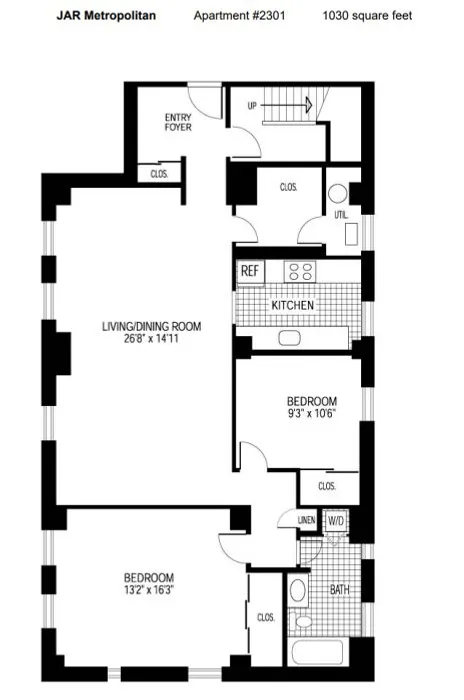 Spacious 2D floor plan of apartment #2301 featuring two bedrooms, a large living/dining room, and a modern kitchen, totaling 1030 square feet.