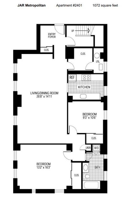 Detailed floor plan for JAR Metropolitan Apartment 2401 with 2 bedrooms, a spacious living/dining area, and a modern kitchen spanning 1072 square feet.