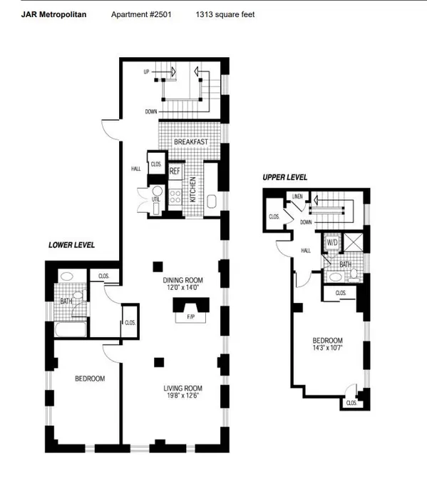 Sophisticated 2-level apartment floor plan with 2 bedrooms, a kitchen, dining room, and spacious living area.