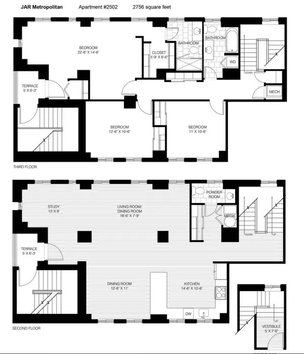 Spacious 2D floor plan of a duplex apartment with 4 bedrooms, expansive living area, kitchen, and two terraces.