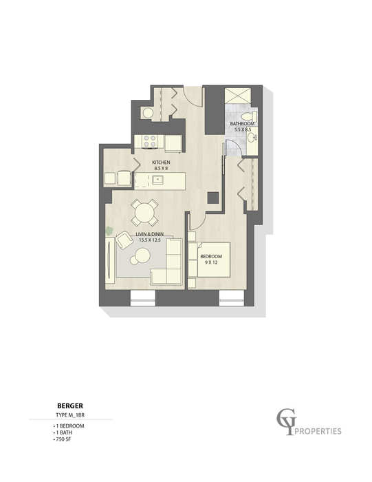 Charming 1-bedroom floor plan featuring a spacious living and dining area, modern kitchen, and well-appointed bathroom.