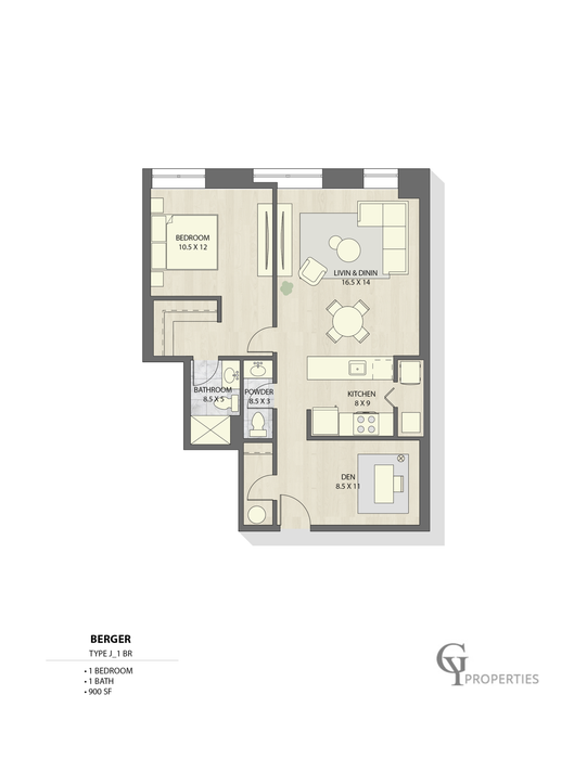 Spacious 1-bedroom floor plan with open living and dining area, modern kitchen, and den.