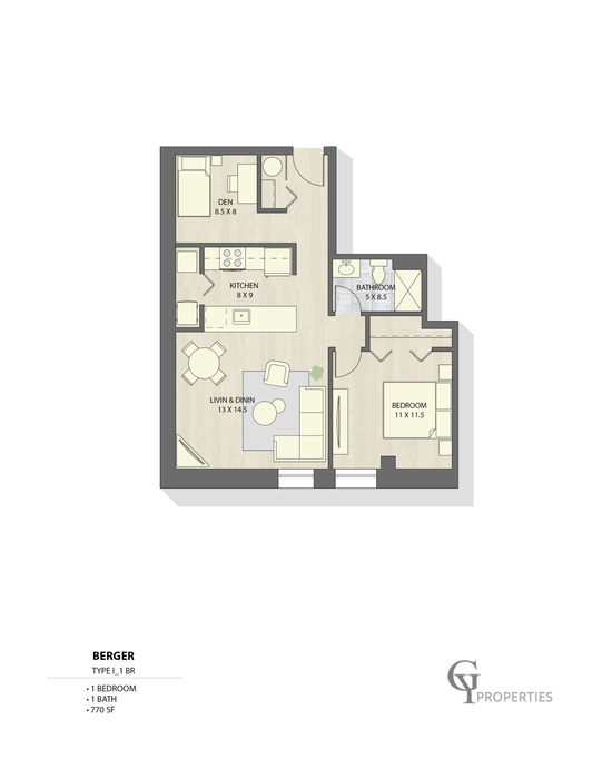 Sophisticated 2D floor plan showcasing 1 bedroom, den, kitchen, and open living and dining area.