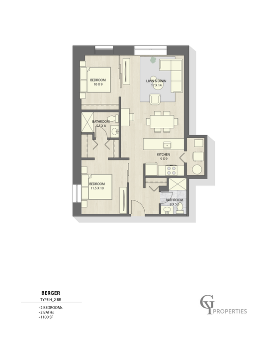 Modern floor plan of the Berger apartment featuring 2 bedrooms, an open living-dining area, and a spacious kitchen.