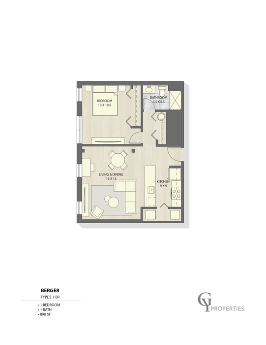 1-bedroom apartment floor plan featuring a spacious living and dining area, modern kitchen, and bathroom.