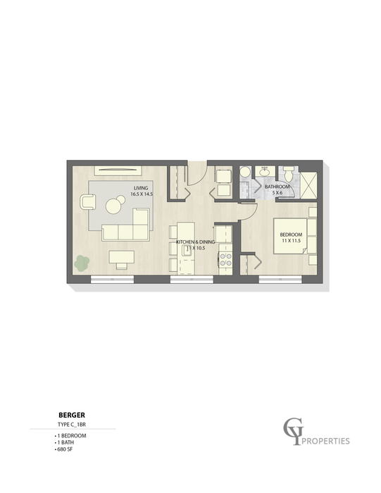 Stylish floor plan featuring 1 bedroom, a bath, and an open kitchen-living area in 680 sq ft.