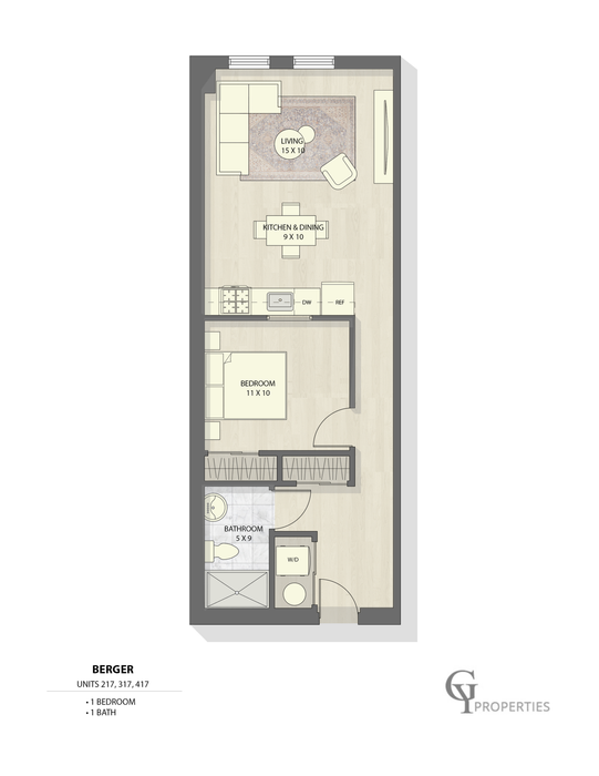 Elegant 2D floor plan showcasing a 1-bedroom apartment with an open living area and modern kitchen layout.