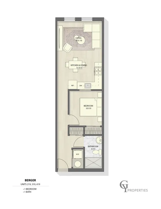 Detailed floor plan of a one-bedroom apartment with living area, kitchen, and bathroom.
