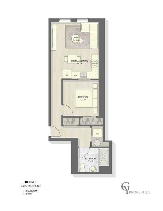 Contemporary 1-bedroom, 1-bathroom floor plan with open living and kitchen area.