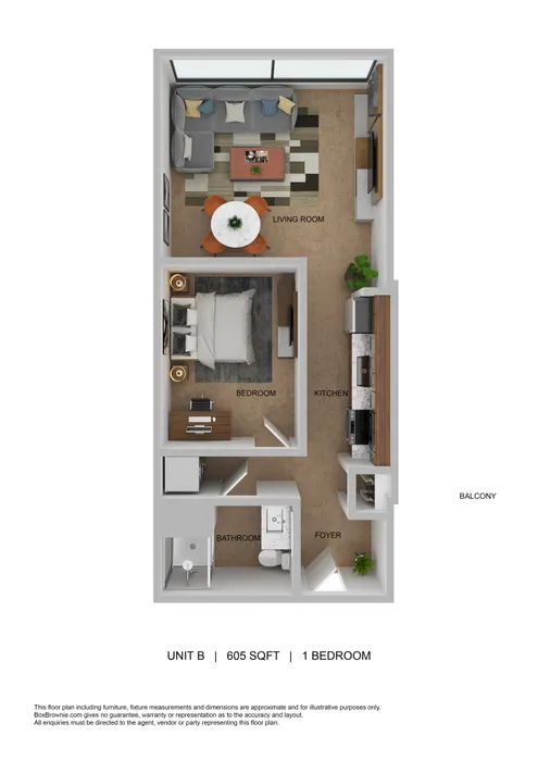 Elegant floor plan of a 1-bedroom apartment featuring a spacious living room and kitchen with a balcony.