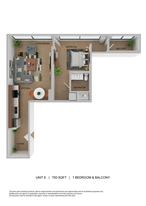 Contemporary 3D floor plan featuring a spacious 1-bedroom layout with a living room, kitchen, bathroom, and balcony in 750 sq ft.