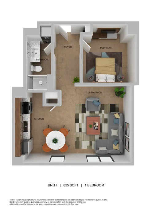 Modern 3D floor plan showcasing 1 bedroom, a chic kitchen, and an inviting living room area.