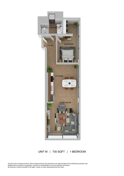 Contemporary floor plan of a 1-bedroom unit with an open kitchen and spacious living area.