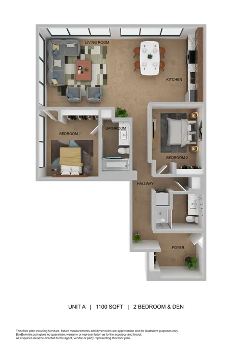 2D floor plan showcasing a stylish 2-bedroom apartment with a spacious living area and modern kitchen.