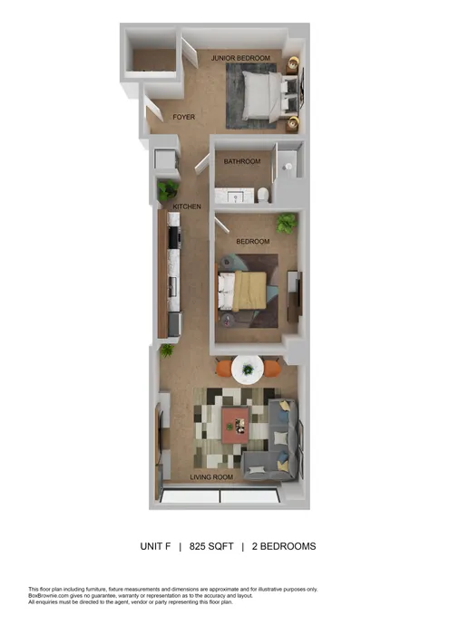 Detailed 3D floor plan of 825 sq ft apartment with 2 bedrooms, efficient kitchen, and inviting living room.