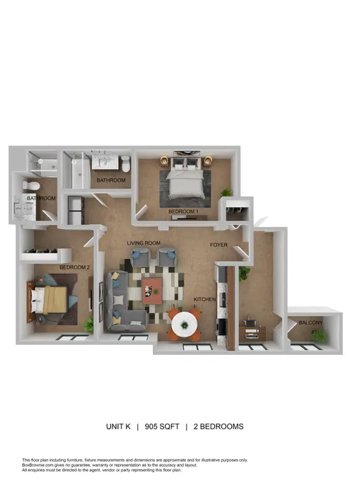 Elegant floor plan of a 2-bedroom unit with a spacious living area, kitchen, and private balcony.