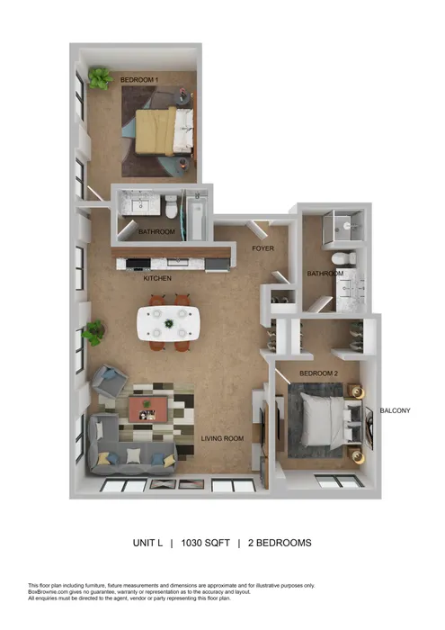 Stylish 3D floor plan of a 1030 sq ft apartment with 2 bedrooms, a cozy living area, and a modern kitchen.