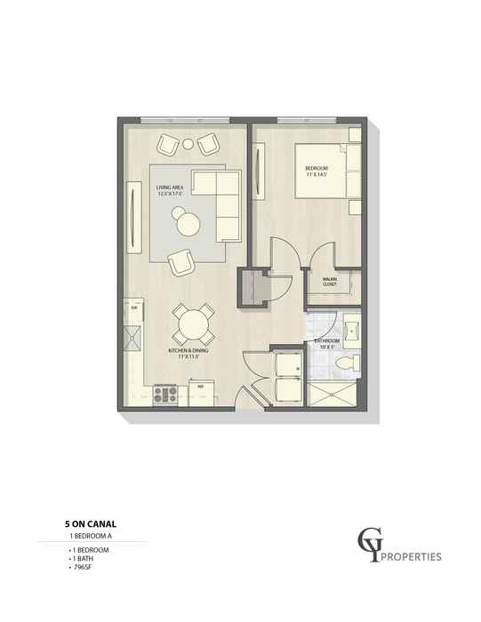 Modern 2D floor plan of '5 on Canal' showcasing 1-bedroom, open living area, and efficient kitchen design, covering 796 sq ft.