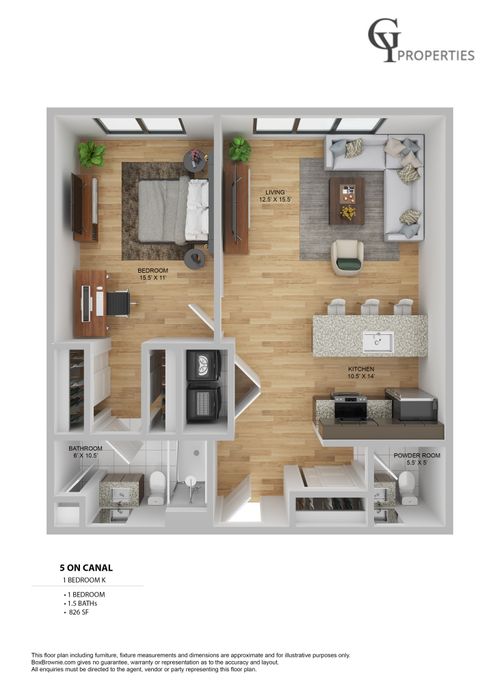 Chic 1-bedroom floor plan at 5 on Canal featuring a spacious living room, modern kitchen, and stylish bathroom, spanning 826 sq ft.
