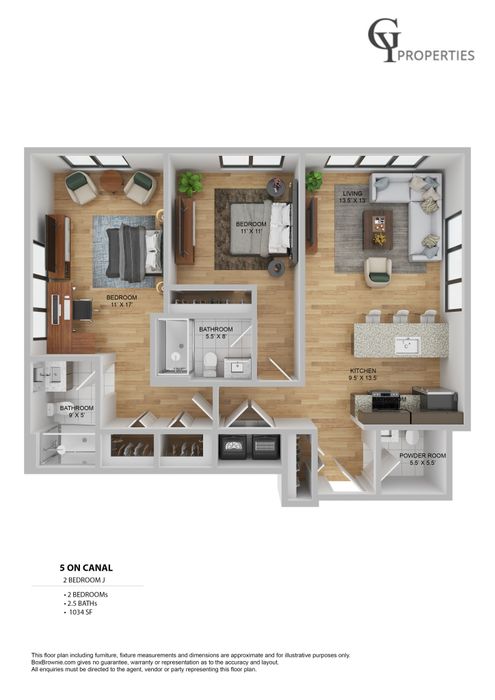 Modern 3D floor plan showcasing 2 spacious bedrooms, open living area, sleek kitchen, and 2.5 baths in a 1034 sq ft layout.