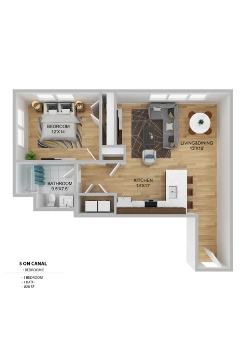 Elegant floor plan of a 1-bedroom apartment featuring a spacious living and dining area, stylish kitchen, and modern bathroom at 5 on Canal, 828 sq ft.